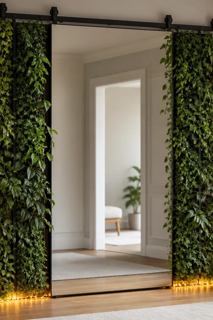 A large mirror panel mounted like a sliding door on a track, with greenery rails on both sides. The greenery is arranged in two vertical columns, and a warm light string runs along the base. The mirror reflection shows a clean doorway-shaped frame.
