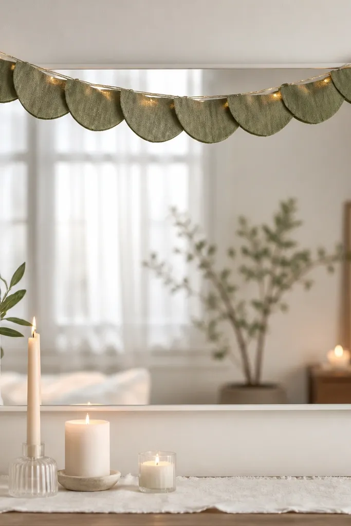 A simple white wall mirror with a thin frame. A sage green napkin garland hangs across the top edge like a scalloped banner, with small warm lights tucked behind it. A white table runner and a few candles sit below.