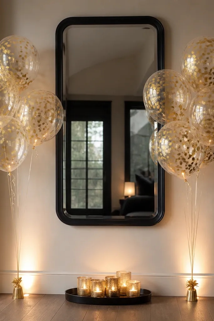 A black-framed mirror on a wall with a cluster of gold confetti balloons tied on either side at shoulder height. Warm LED lights sit low at the base, and a small tray of gold votives sits under the mirror.