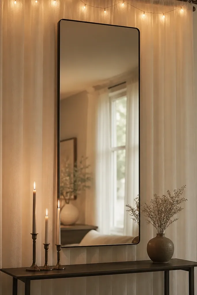 A tall rectangular mirror hung on a wall. Behind it, a sheer ivory curtain hangs in a vertical panel, with warm fairy lights tucked along the top. A narrow table with a few taper candles sits below the mirror.