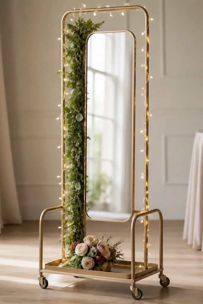 A slim mirror mounted on a rolling service cart. A narrow strip of flower foam is covered with greenery at the back of the cart. Warm LED string lights wrap the cart frame, and a small bouquet sits on the lower shelf.