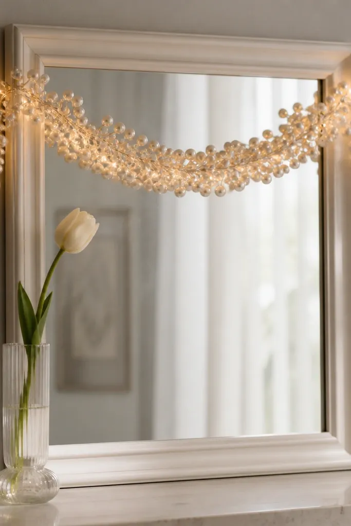 A white-lacquer framed mirror with a pearl garland draped across the top third. One tall tulip stem in a glass vase sits under the mirror. Warm LEDs are hidden behind the garland.