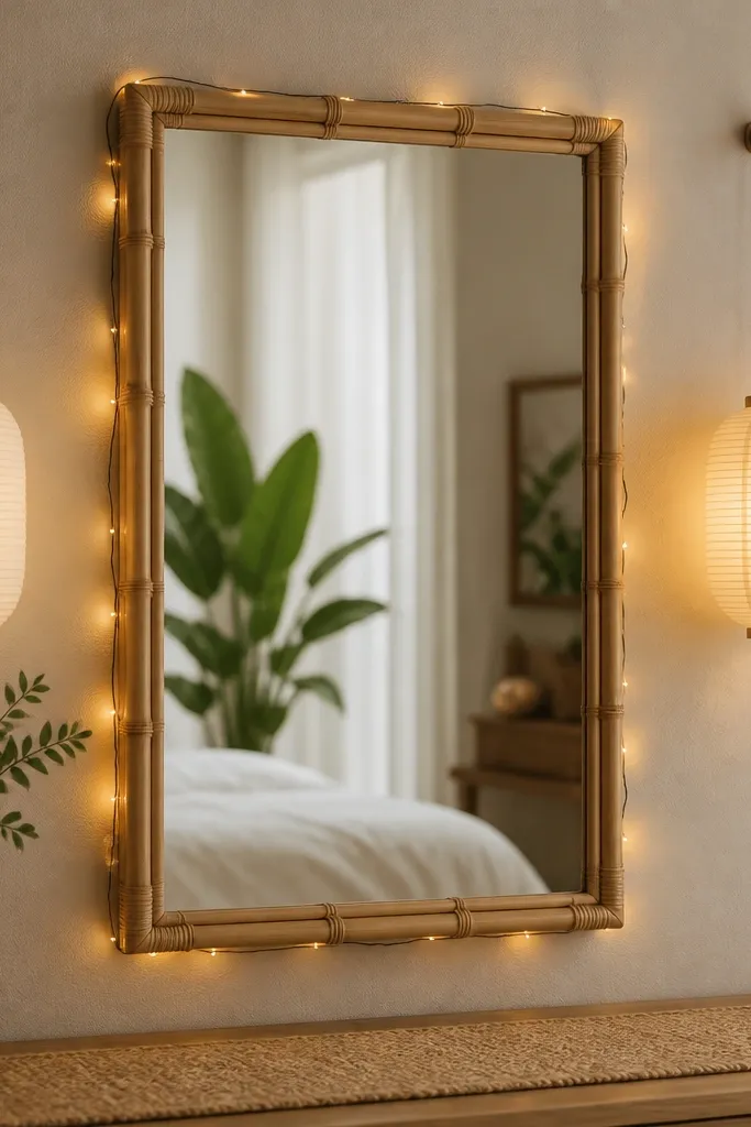 A rectangular mirror with a thin bamboo frame mounted on a wall. Two small hanging paper lanterns are positioned on either side, and warm string lights are wrapped around the mirror frame. A woven mat sits under the mirror.