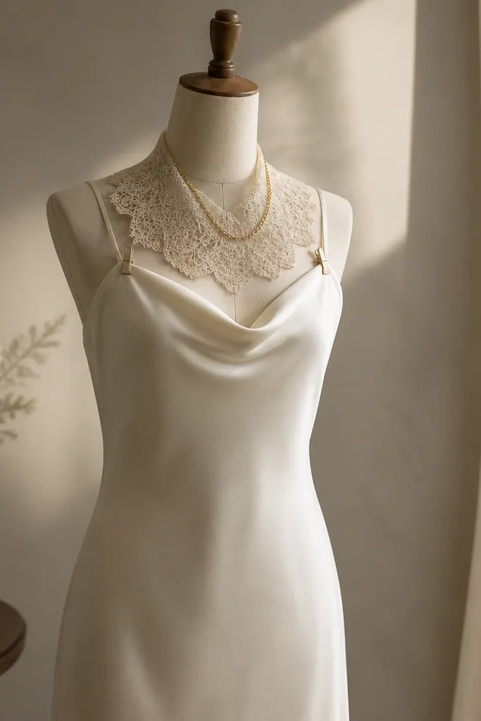 A warm white satin slip dress on a dress form with a lace collar clipped at the neckline; the fabric catches soft light without looking shiny; a simple gold chain necklace rests on the collar.