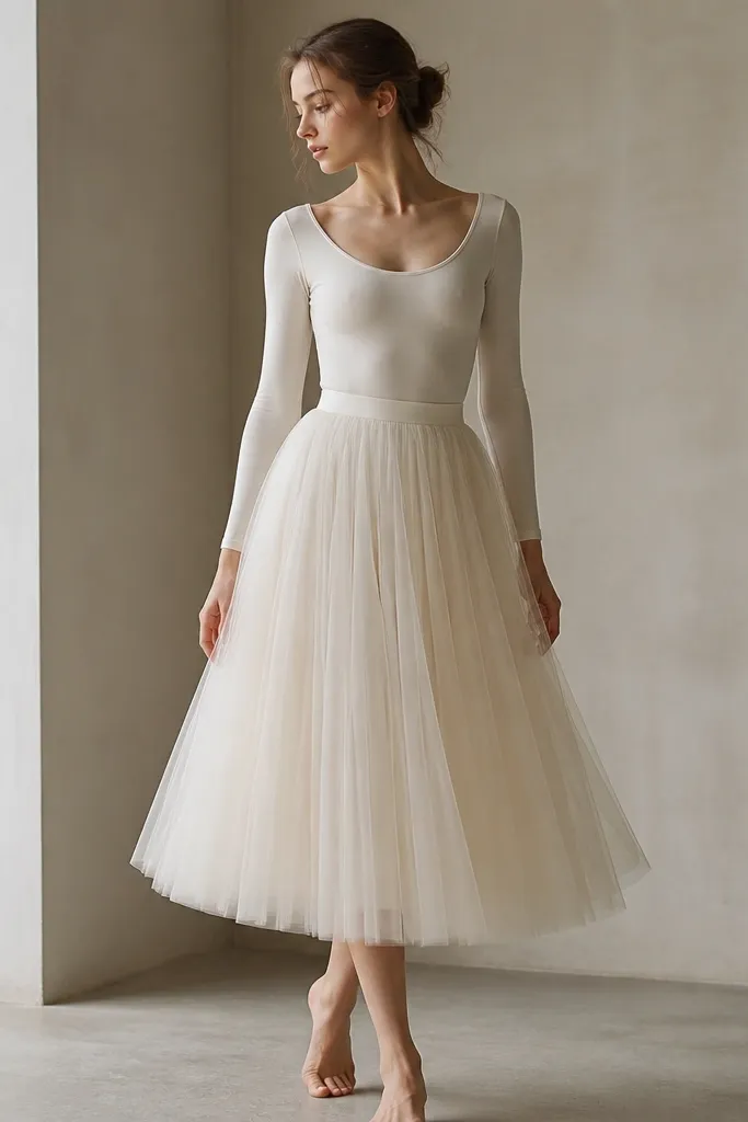 An ivory tulle midi skirt layered over a fitted cream bodysuit; the skirt has a soft volume, and the waistband sits flat with no visible gaps.
