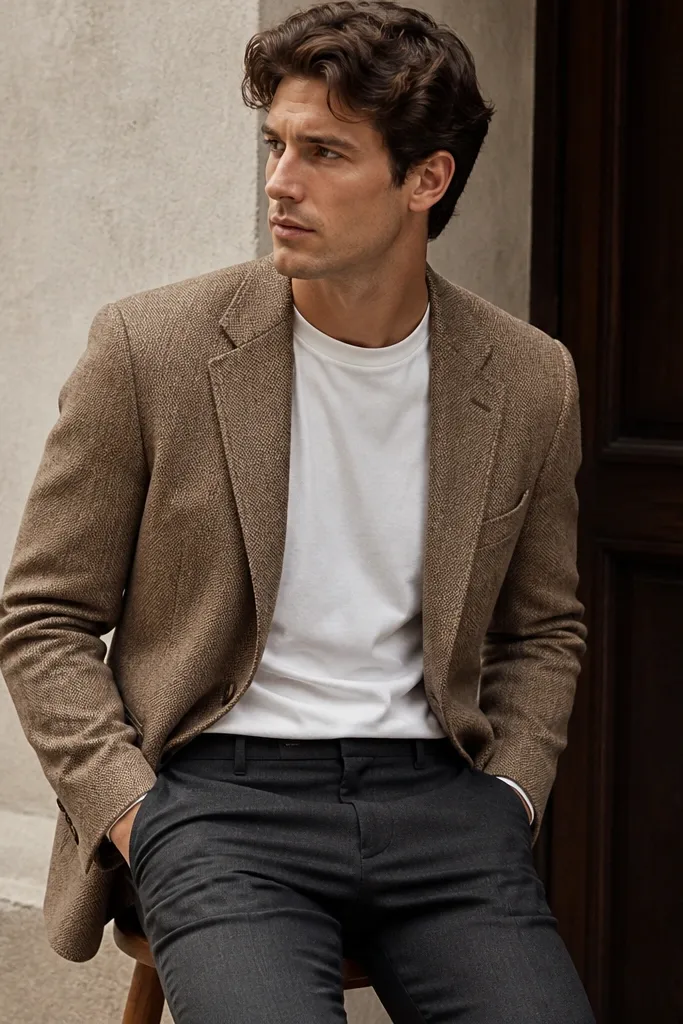 A light brown tweed blazer paired with a fitted white crewneck tee and slim charcoal trousers; the blazer texture is visible and matte.
