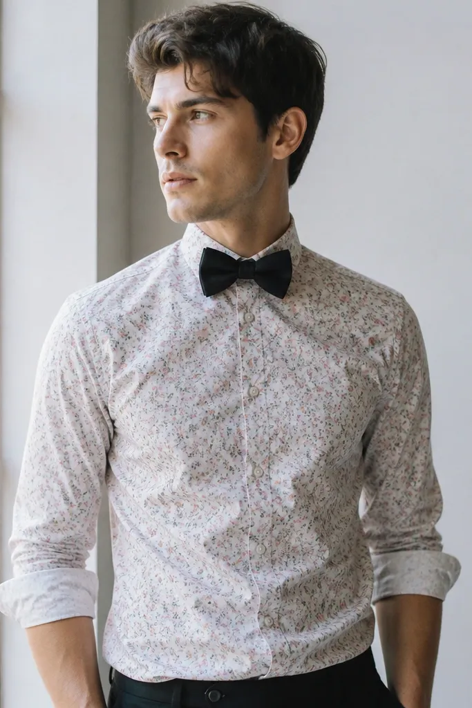 A pastel floral button-up shirt with sleeves rolled to the forearm and a matte black bow tie; the shirt pattern is small and evenly spaced.