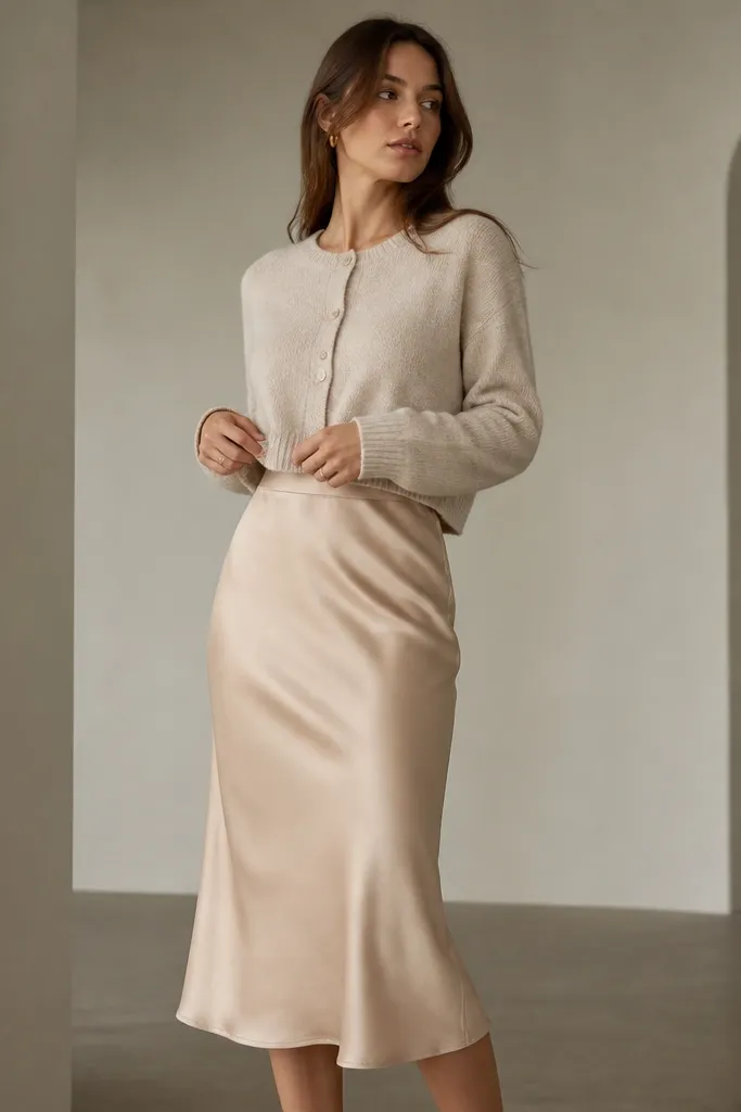 A satin midi skirt in champagne tone with a cropped oatmeal cardigan; the cardigan is matte and the skirt has a soft sheen that stays controlled.