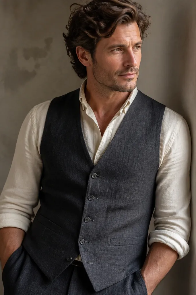 A cream linen shirt with rolled sleeves and a charcoal waistcoat; the vest is buttoned cleanly and the linen texture is clearly visible.