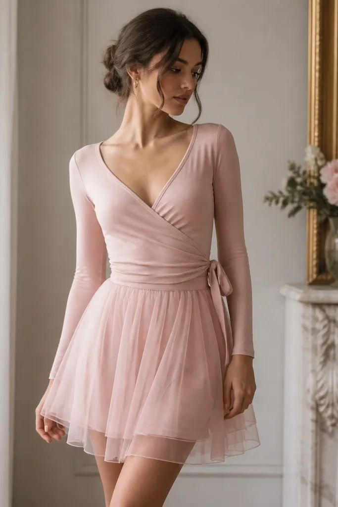A blush long-sleeve wrap top paired with a short tulle overlay skirt; the overlay shows soft volume while the wrap top stays smooth and fitted.