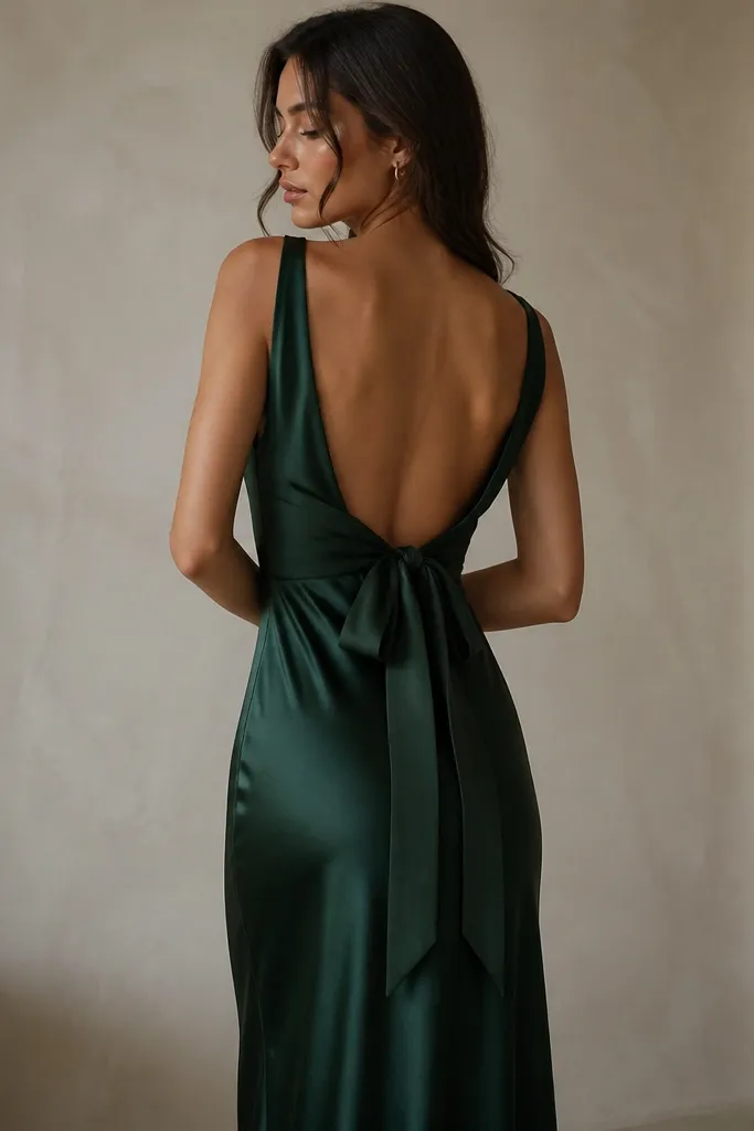 A dark green satin midi dress with a low back and ribbon tie; the satin has a controlled sheen and the ribbon looks matte and soft.