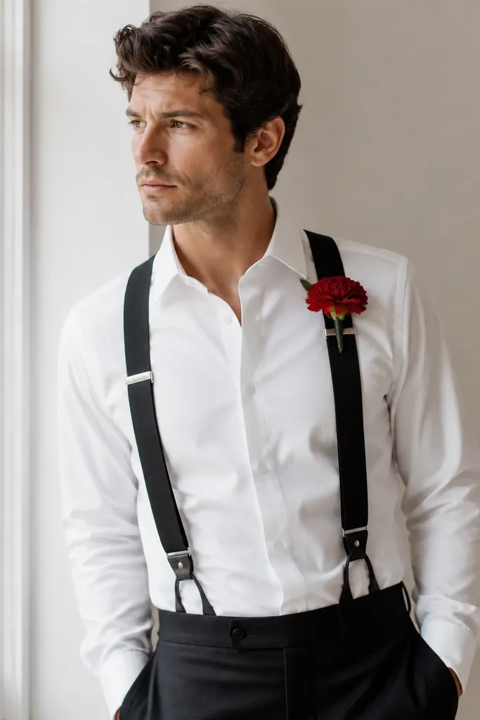 A crisp white dress shirt with black suspenders, paired with dark trousers; a red flower boutonniere sits on the left lapel.