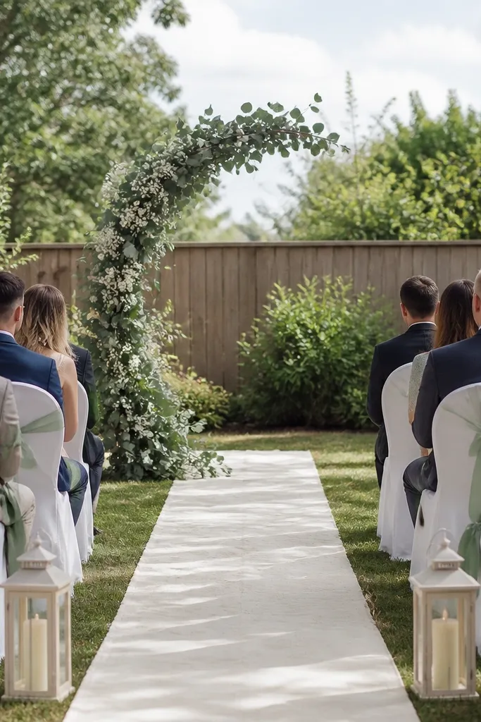 A small backyard ceremony setup: a half-arch made from eucalyptus and white spray flowers stands at one end. The aisle is a narrow ivory fabric runner laid over grass, with two matching lanterns on either side. Guests sit on simple white chair covers with sage ribbon tied at the backs.