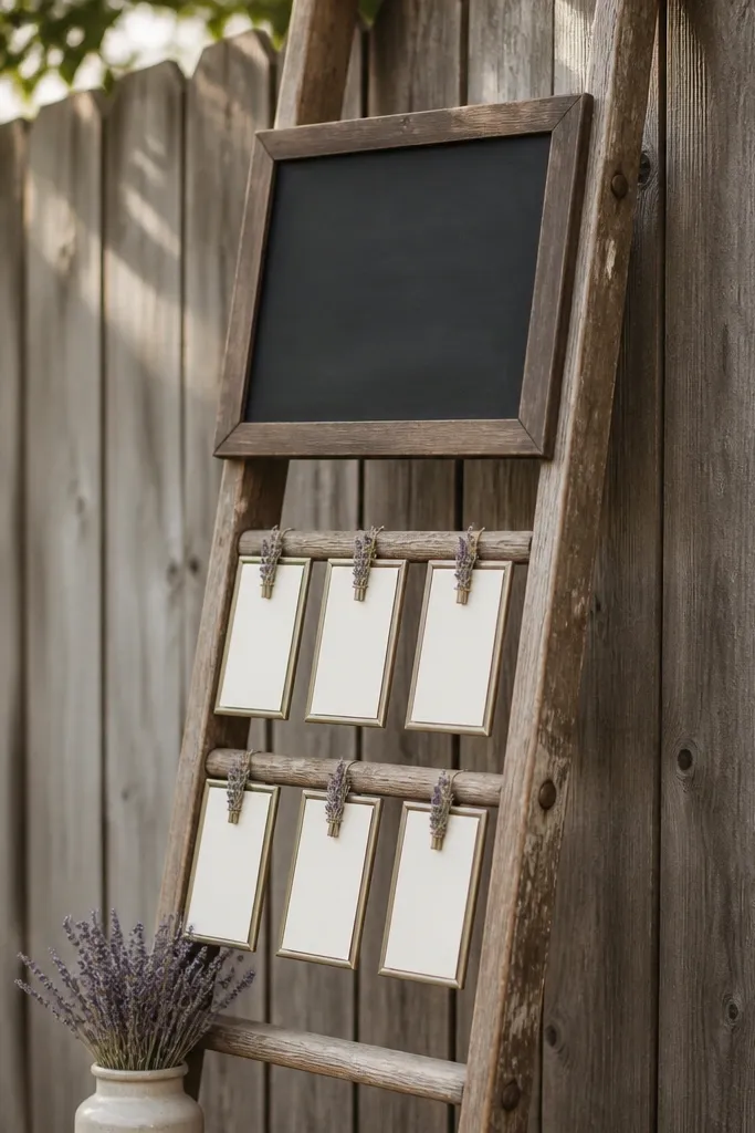 A wooden ladder leaning against a fence holds a chalkboard sign at eye level. Beneath it, small framed cards list names for seating. A few sprigs of dried lavender sit in a small vase at the bottom of the ladder.