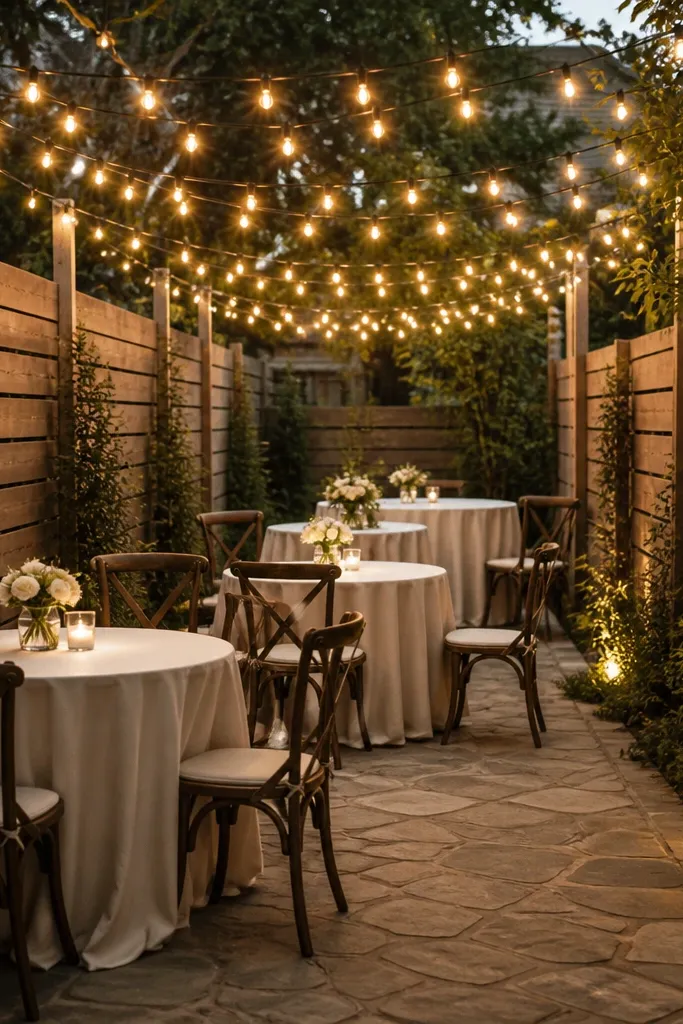 Warm string lights are stretched between two fence lines to form a low canopy. The lights sit above a small dining area with round tables covered in cream linen and short bud vases.