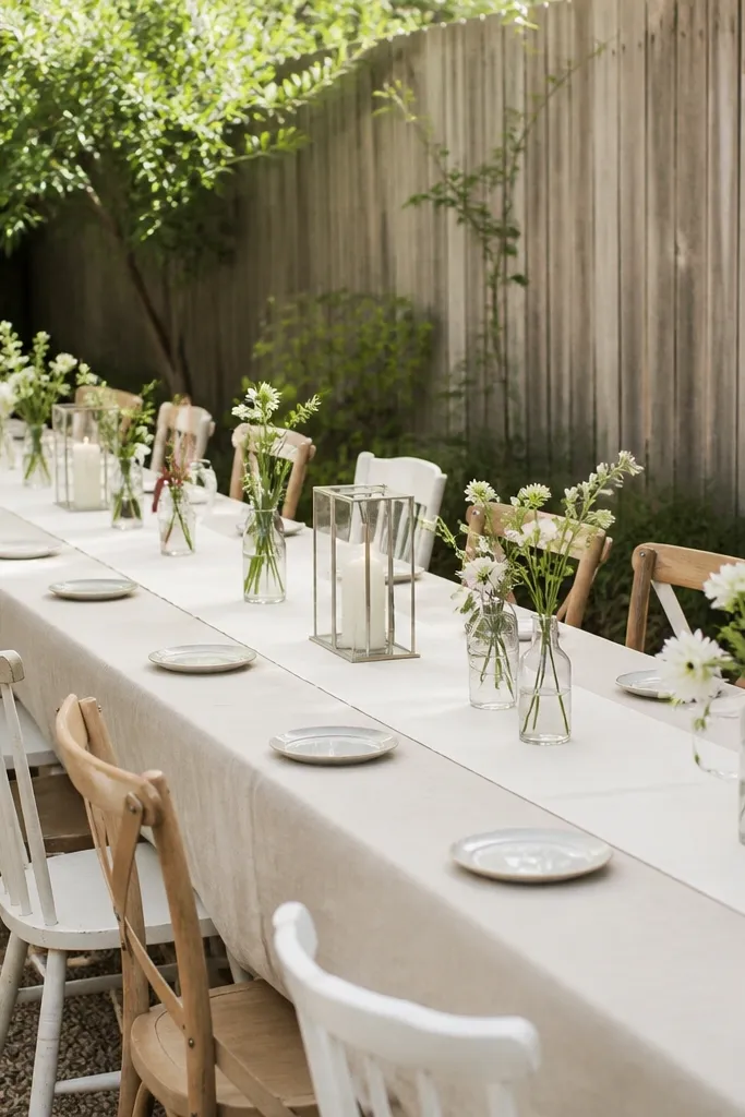 A long backyard table runs along a fence. It has a single wide cream runner down the center, with alternating bud vases, one tall candle lantern, and small plates. Guests sit on mismatched chairs in white and natural wood.