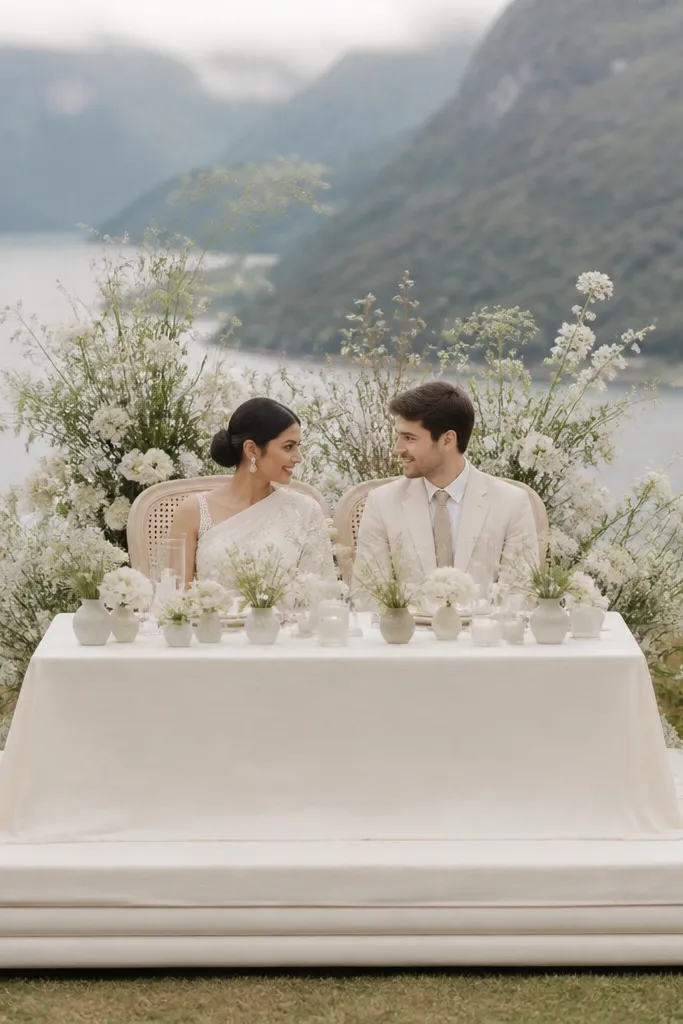The couple's table sits on a low raised platform made from stacked blankets covered with ivory fabric. Behind it, there is a simple floral cluster and two matching chairs.