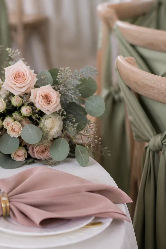A close-up styling scene: dusty rose napkins, sage ribbon on chairs, and a bouquet with blush spray roses and eucalyptus on a small table.