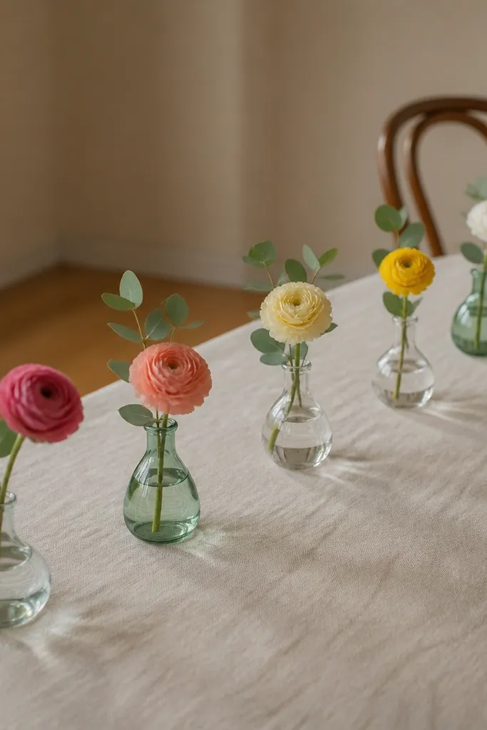Bud vases placed along the edge of a table, slightly staggered. Each vase holds one stem and a few eucalyptus leaves, creating a line of small pops of color.