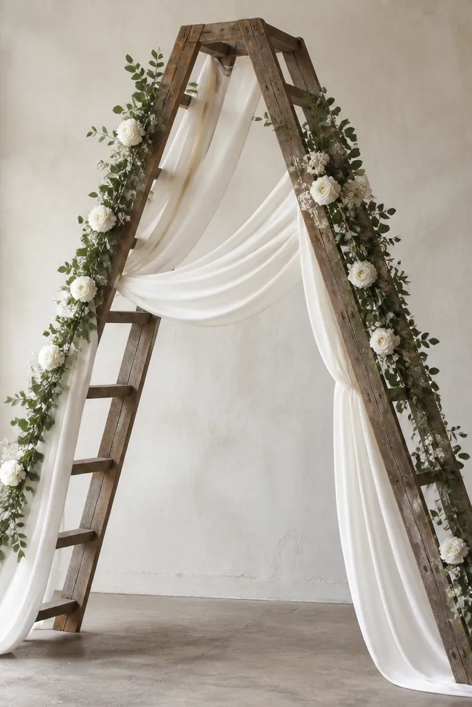 A salvaged wooden ladder laid upright to form an arch shape. White fabric drapes between rungs, and a thin line of greenery and white flowers runs down the sides.
