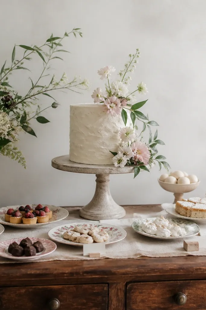 A dessert table with mismatched vintage china plates. A single tall cake stand holds the wedding cake, and small name cards sit in front on a runner.