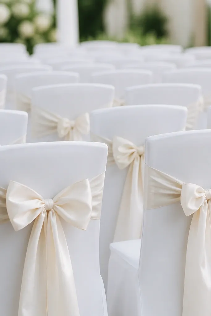 White chair backs are decorated with satin ribbon bows tied at the center. Some chairs have slightly larger bows, others smaller, creating a consistent pattern across rows.