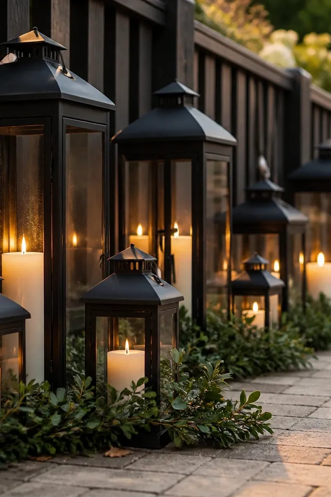 Matte black lanterns in different sizes are grouped along a fence line. Each lantern has a warm candle inside, and small greenery wraps the bases.