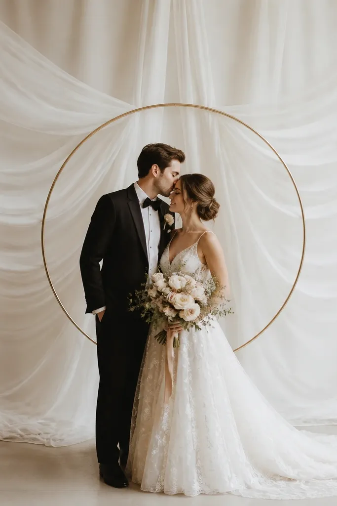A backdrop made from flowing white gauze curtains hangs behind the couple. One brass ring or hoop is placed at the center, and the fabric drapes in soft waves.