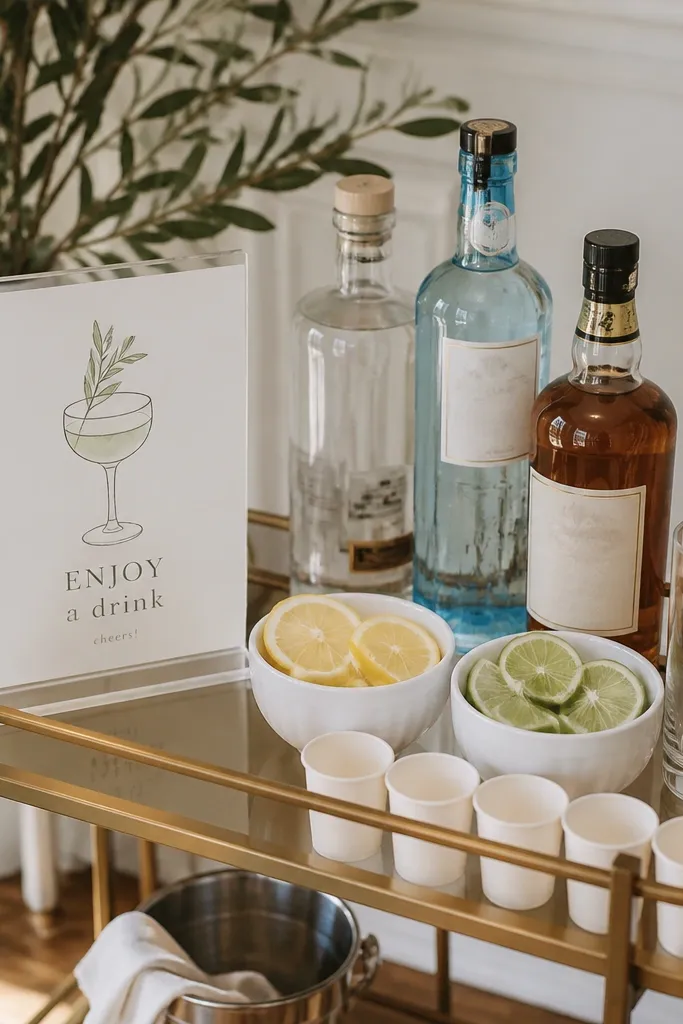 A compact bar setup on a small cart: clear acrylic menu sign, bottles with labels turned forward, and bowls of sliced lemons and limes. There are two paper straws and small cups lined up.