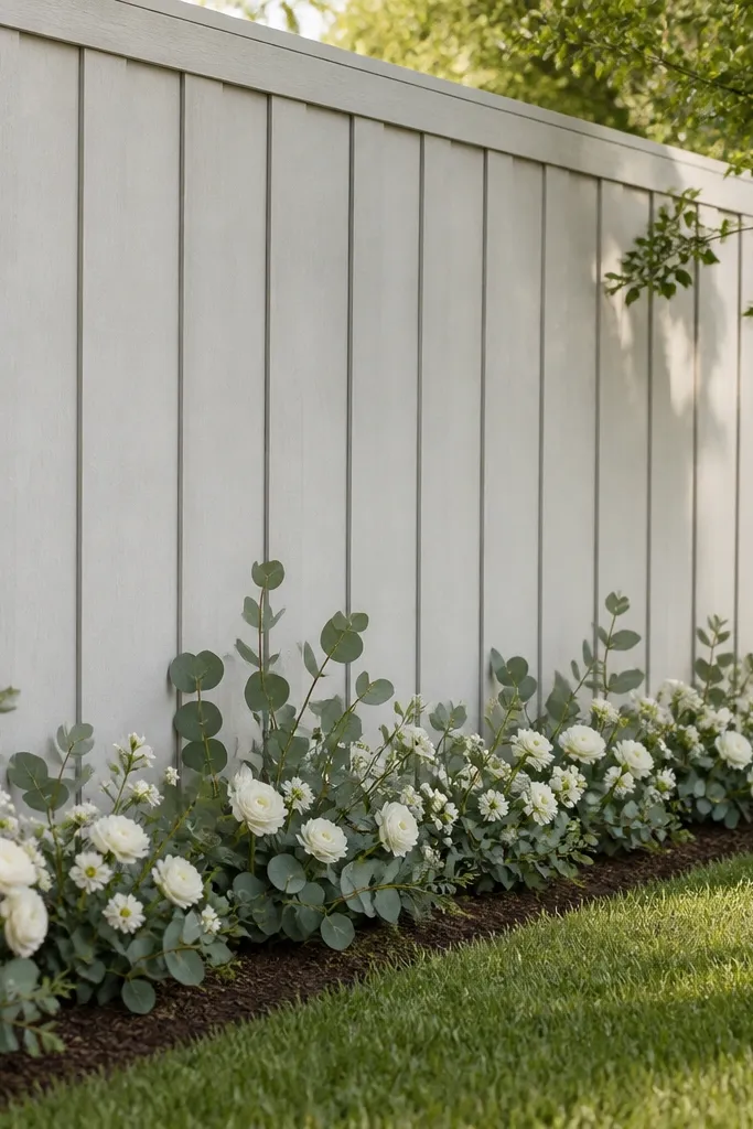 A narrow line of white flowers and eucalyptus runs along the lower part of a fence. It stays close to the ground, with empty space above so the yard doesn't feel crowded.