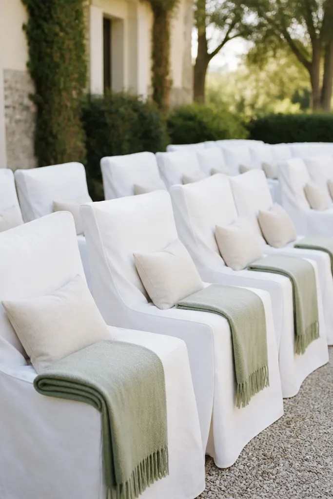 Outdoor chairs are covered in white fabric, and a folded throw blanket in sage is placed at the end of each row. Small cushions sit on the chairs for comfort.