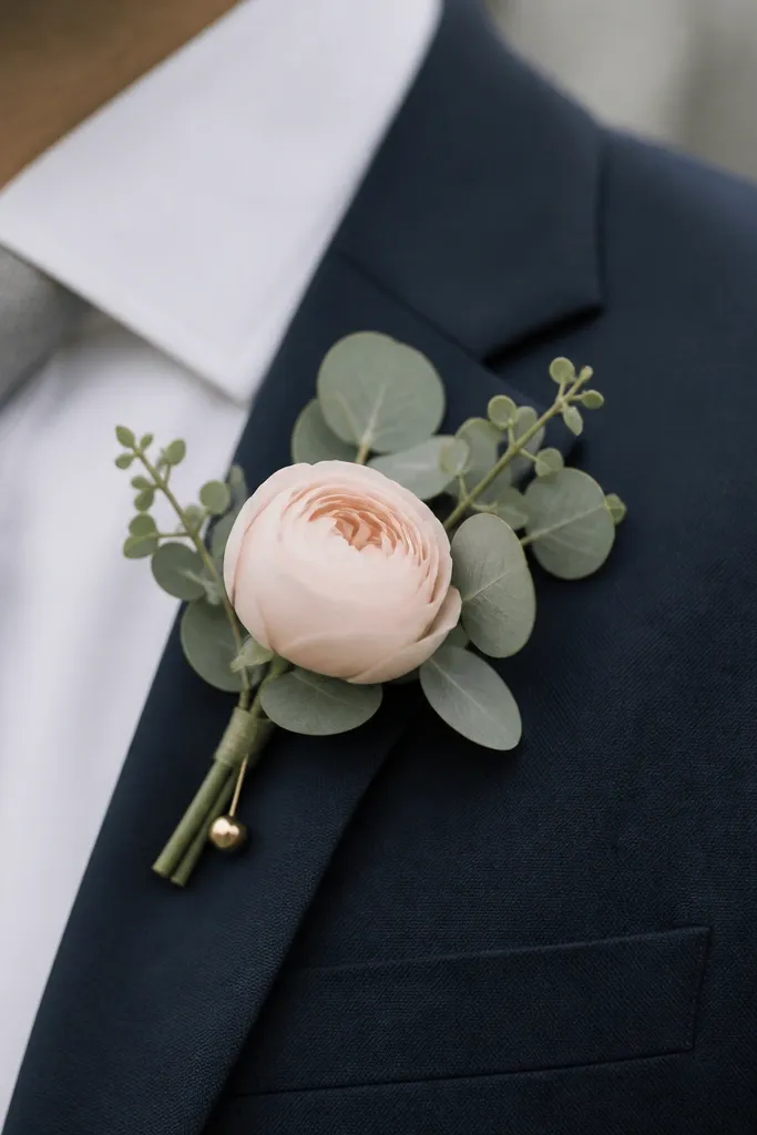 A close-up of a groom's boutonniere: a small cluster of eucalyptus and a single blush spray rose. The lapel pin is matte gold, and the suit is a soft navy.
