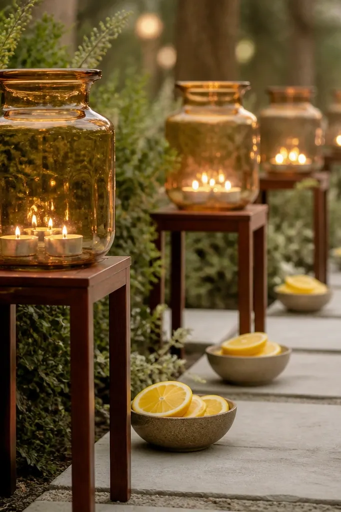 Glass jars filled with tea lights sit on small stands along a walkway. The jars have a slight amber tint, and the path is lined with lemon slices in small bowls nearby.