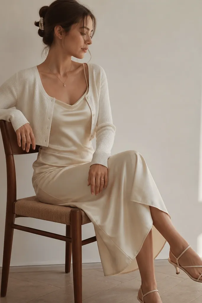 A cream slip dress with thin straps layered under a cropped matte cardigan, shown on a simple chair. The dress has a soft low sheen, the cardigan is off-white knit, and the outfit is styled with a small pearl hair clip and cream strappy sandals.