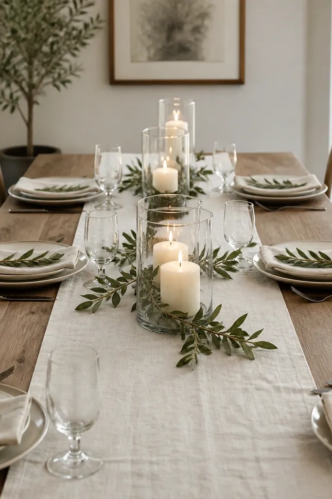 A long linen-look table runner in natural cream on a dining table, with three candle clusters in glass holders and small sprigs of greenery placed down the center. The chairs are simple and the table setting looks coordinated.