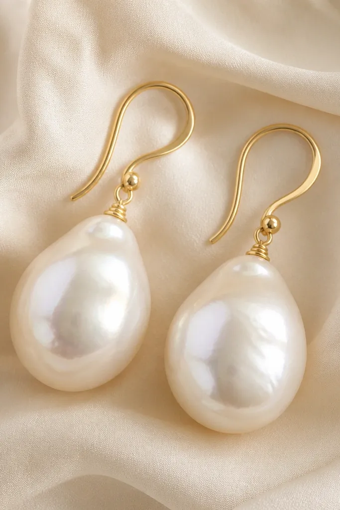A pair of oversized pearl drop earrings with a gold hook, lying on a cream fabric background. The pearls are slightly irregular for a natural look, and the gold catches light in small highlights.