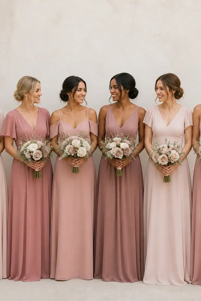 A row of bridesmaids wearing different blush and rose-toned dresses, all in a similar silhouette with varying sleeves. The group stands in front of a light wall, and the fabrics look matte and flowy.