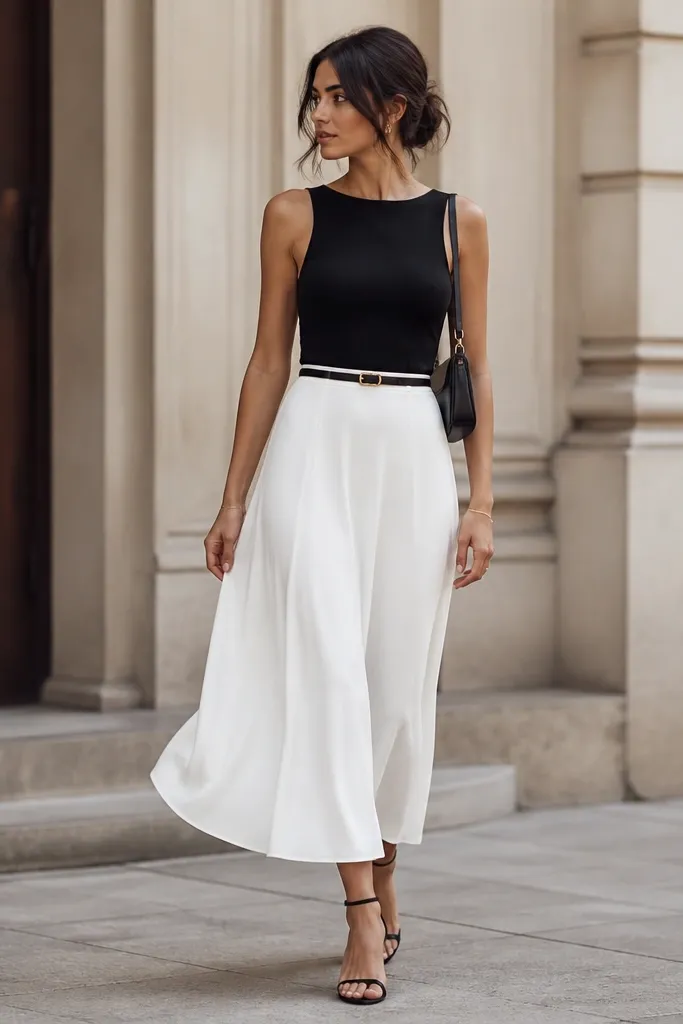 A white midi skirt paired with a fitted black top, styled with a thin belt and a small shoulder bag. The skirt has a soft flow, and the outfit looks tailored and photo-ready.