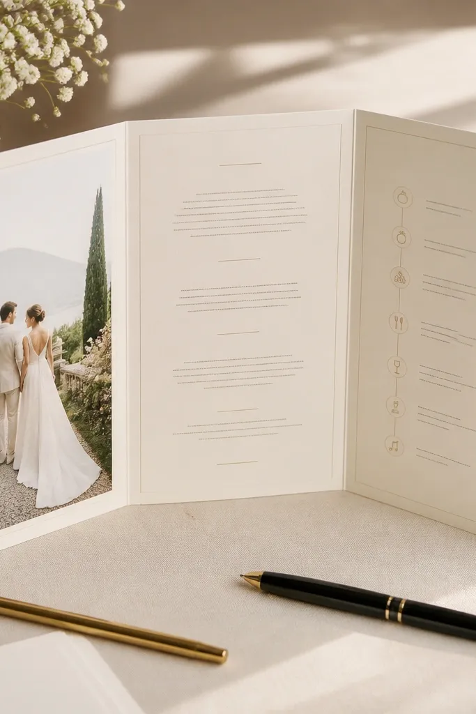 A tri-fold wedding program card printed on cream paper with a thin photo border in muted gray. The inside has simple text blocks and a schedule layout, and the card sits on a table with pens nearby.
