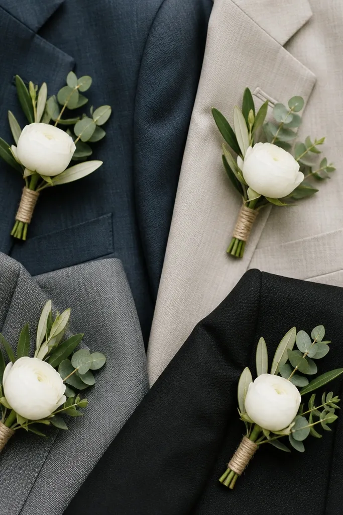 Four small boutonnieres pinned to jackets, each with a single white flower (like a small rose or ranunculus) and two types of greenery. They are wrapped neatly with thin twine and look compact.