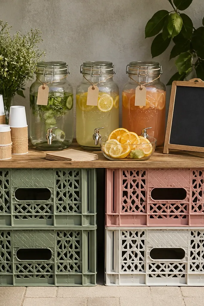 A small bar setup built on stacked milk crates with a tray on top, labeled glass jars for drinks, and a simple chalkboard sign. There are citrus slices in a clear bowl and cups in matching paper sleeves.