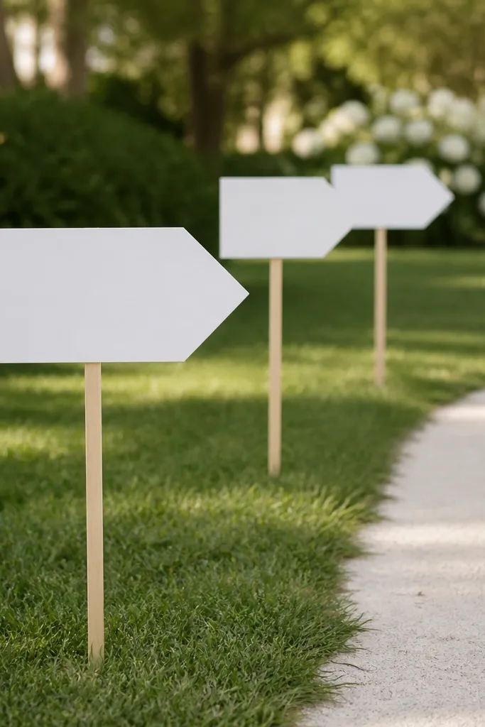 A set of small directional signs made from white foam board with dark lettering, mounted on simple wood dowels. The signs stand on the grass near a ceremony walkway.