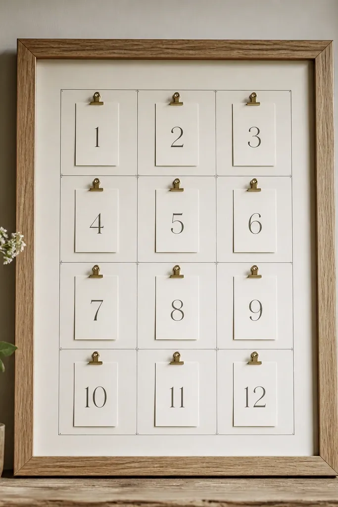 A framed sheet with a simple seating chart grid, paired with small numbered cards clipped in place. The frame is natural wood, and the cards are cream with dark text.