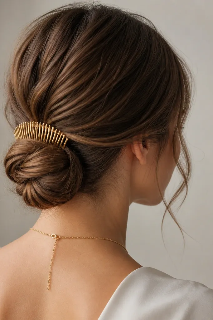 A soft low bun secured at the nape with a thin gold hair comb. Loose face-framing pieces are tucked, and the styling looks polished but relaxed.