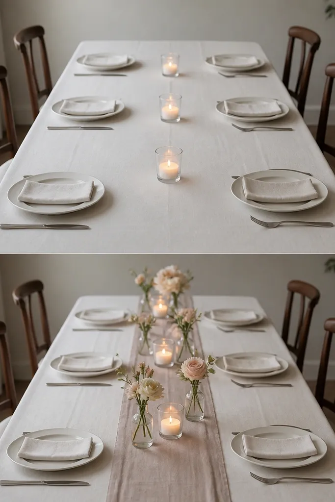 A long, narrow dining table for six with a white linen cloth. In the center are three low glass candle holders with warm tea lights, and small bud vases with blush and cream roses. Before styling, the table has plain place settings and lots of empty space. After styling, the candles are evenly spaced, the bud vases sit at staggered heights, and a thin runner frames the table edges.