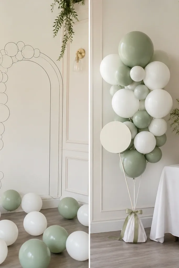 A corner photo area with a tight cluster of balloons in sage green and matte white. Before: a balloon arch sketch and scattered balloons. After: a compact cluster tied to a weighted base with a small satin ribbon and a single photo prop sign, plus a clean table behind it.