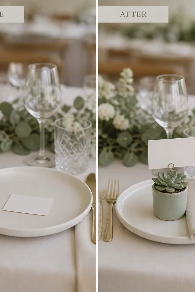 A dining table with place cards attached to small potted succulents. Before: place cards are loose and sit flat on plates. After: each card is clipped to a small 3-inch succulent in a matching sage-colored mini pot, with a linen napkin folded beside it.