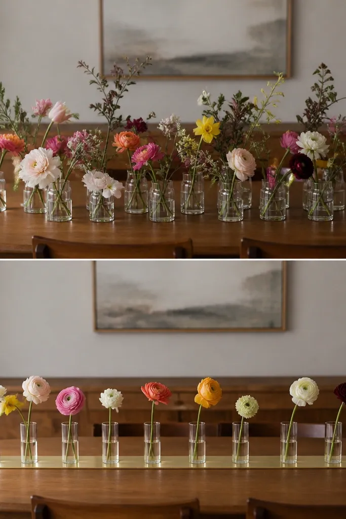 A small dining table with 12 low bud vases. Each vase holds one main flower stem in a clear glass cup, with water visible. Before: multiple stems per vase create a messy look. After: one stem per vase with consistent heights, and a thin metallic gold strip runner.
