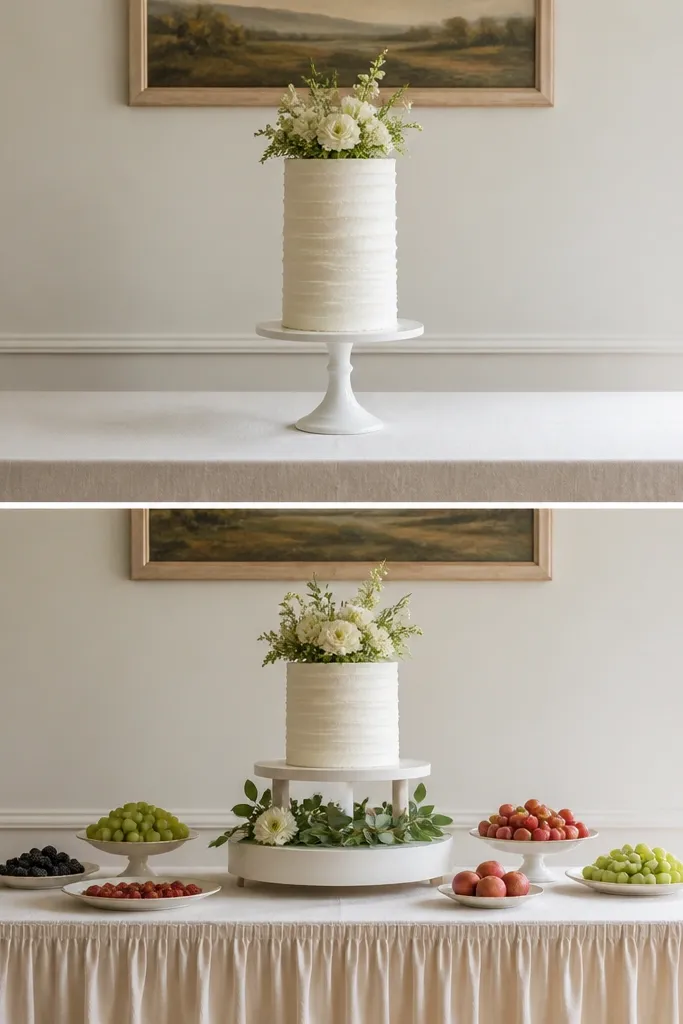 A small cake table with a 60-inch-long table. Before: cake sits alone with no support and looks too tall. After: cake is placed on a two-tier stand with a low base, surrounded by a few fruit plates and a linen cake skirt in cream.