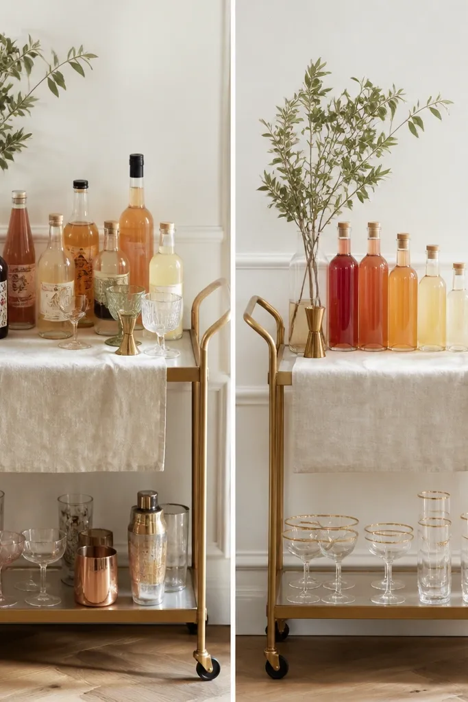 A small bar cart with mocktail bottles and glassware. Before: mixed glass types and random bottle labels. After: all glasses are clear with gold rims, bottles are grouped by height, and a single linen runner wraps the cart.